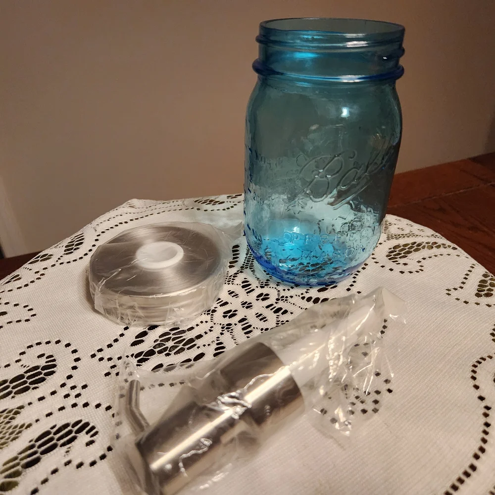 Blue Mason Jar Soap Dispenser With New Dispenser Kit And Two Labels